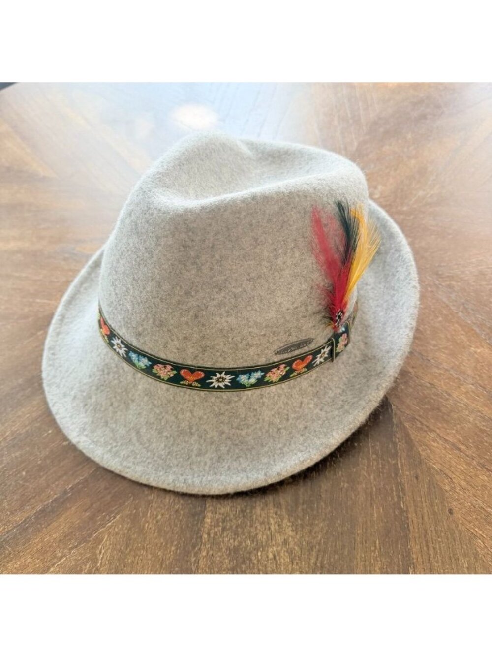 EHG Alpen Gray Felt Wool Fedora–Bavarian German Headwear With Feathers